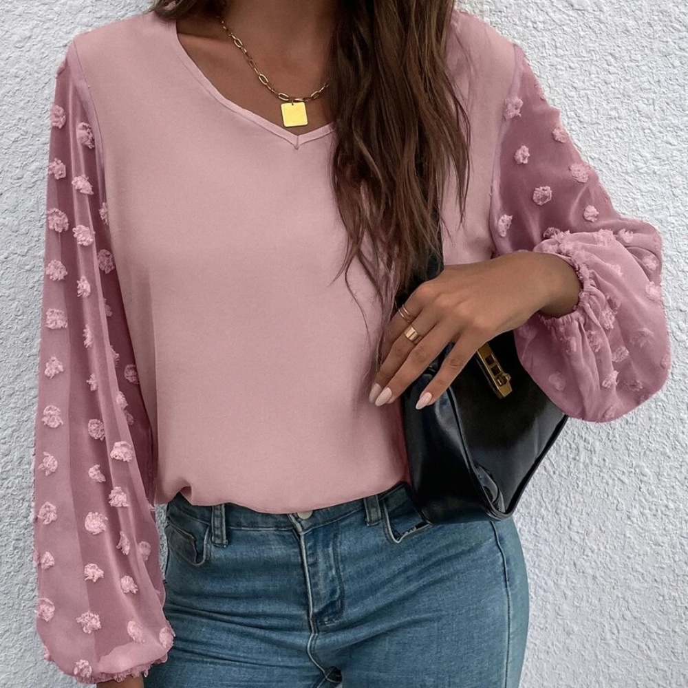 Boho Swiss Polka Dot Sheer Sleeve Oversized Top Minimalist - Picture 9 of 12